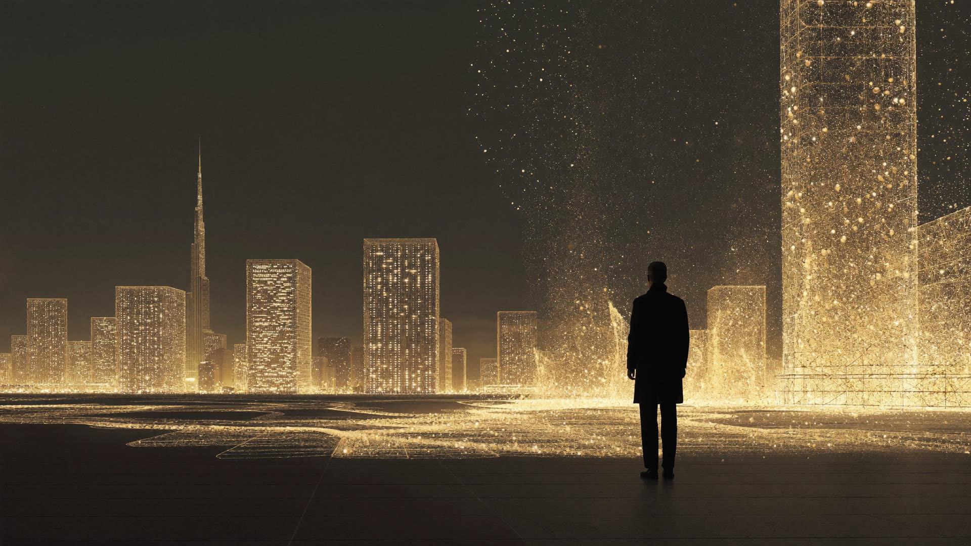 AI-generated skyline of golden light particles, a figure watching it render